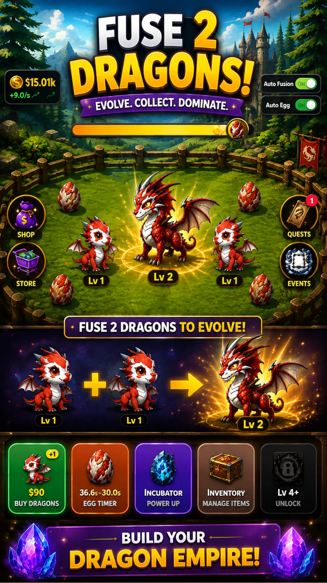 Vertical gameplay showing dragon fusion and progression